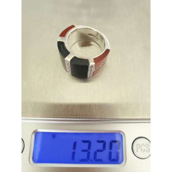 Vintage Onyx Carnelian and Marcasite Sterling Silver Wide Ring Band - Picture 9 of 9